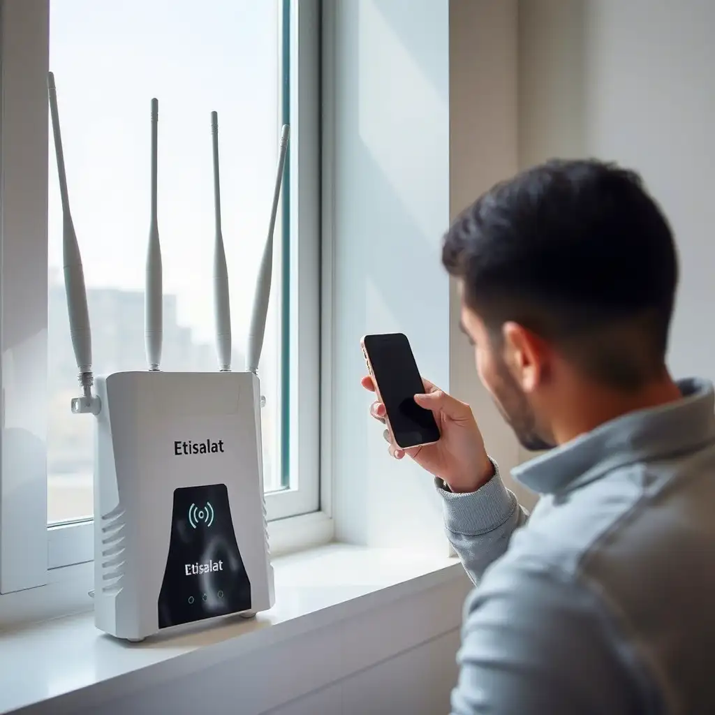 A mobile signal booster compatible with Etisalat network, designed to improve signal strength in homes and offices across the UAE.