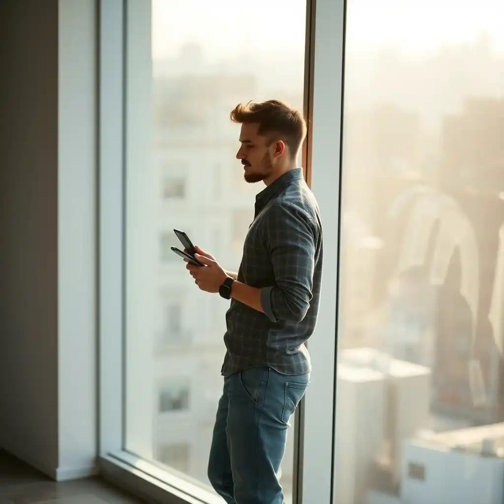 Person standing by a window using his mobile phone to get better reception indoors in the UAE