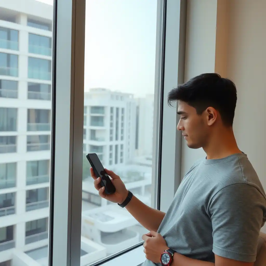 Man using his smartphone indoors in the UAE.