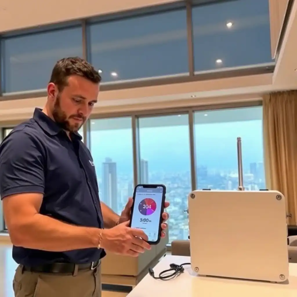 A man standing next to a du mobile signal booster testing connectivity