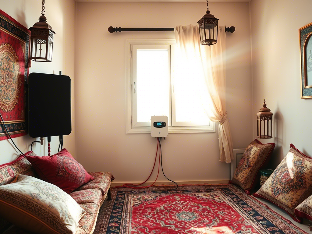 Indoor 5G mobile signal booster set up in a modern UAE home, improving 5G signal strength with visible external antenna connected for better reception.