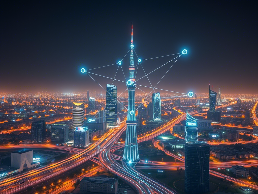 A wide view of a UAE cityscape with visible 5G mobile towers and signal icons overlayed, representing 5G mobile signal coverage in urban and desert areas.