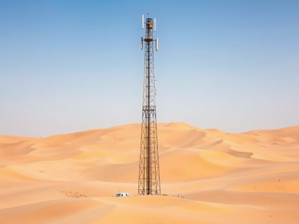 A lone cellular tower standing in the desert of the UAE under a clear sky, symbolising 5G signal transmission in remote and rural areas.
