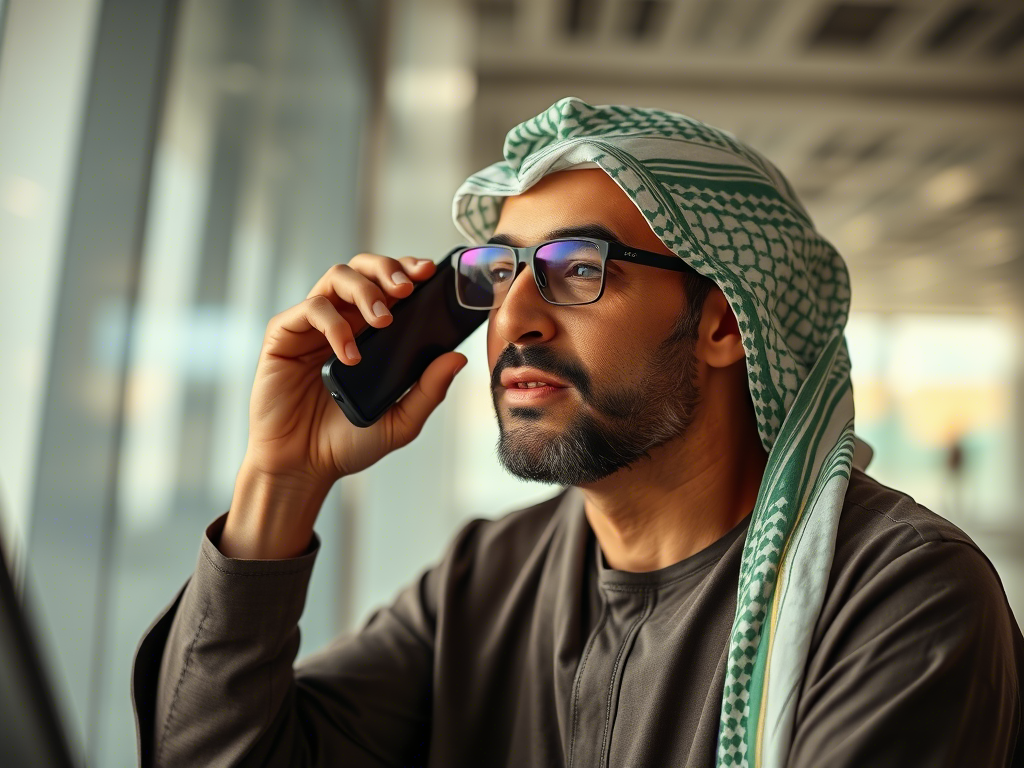 Man in the UAE talking on the phone with strong signal from a mobile signal booster